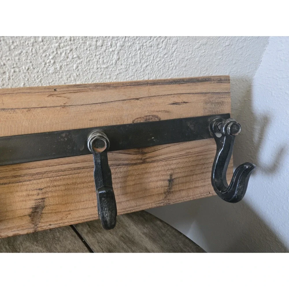 Rustic Farmhouse Wood 5 Hanger Wall Hook with Industrial Black Metal Hardware
